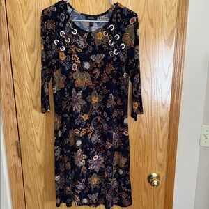MSK 3/4 Length Sleeve Dress Navy Floral Design